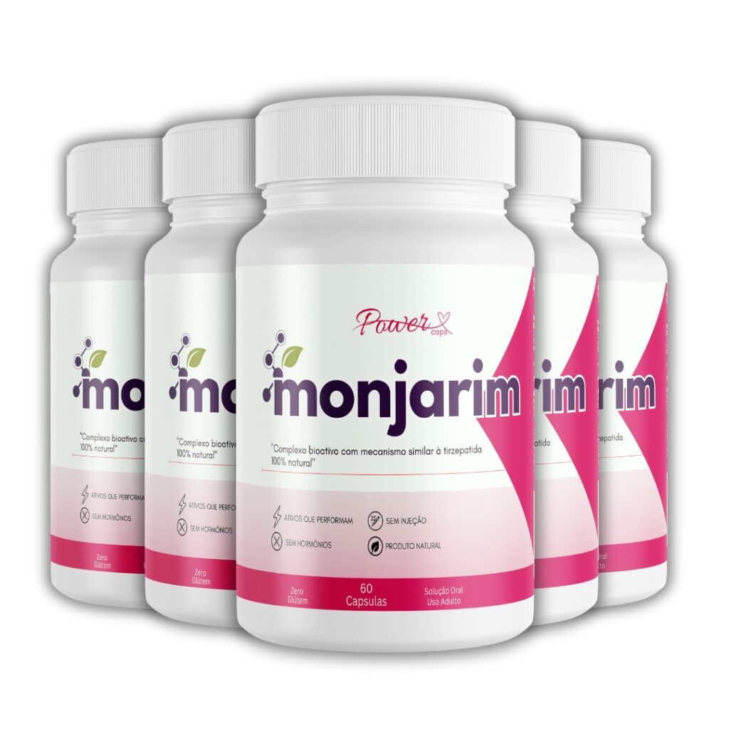 Vários frascos do suplemento natural Monjarim, focado em acelerar o metabolismo e queimar gordura.