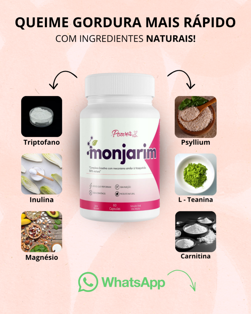 Infográfico dos ingredientes do Monjarim incluindo Triptofano, Psyllium, Inulina, L-Teanina, Magnésio e Carnitina para controle de peso.