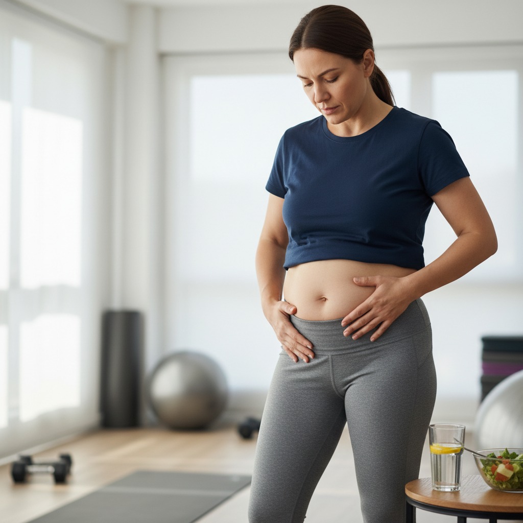 Foto de mulher insatisfeita com a gordura na barriga, questionando se o Monjarim funciona para emagrecer.